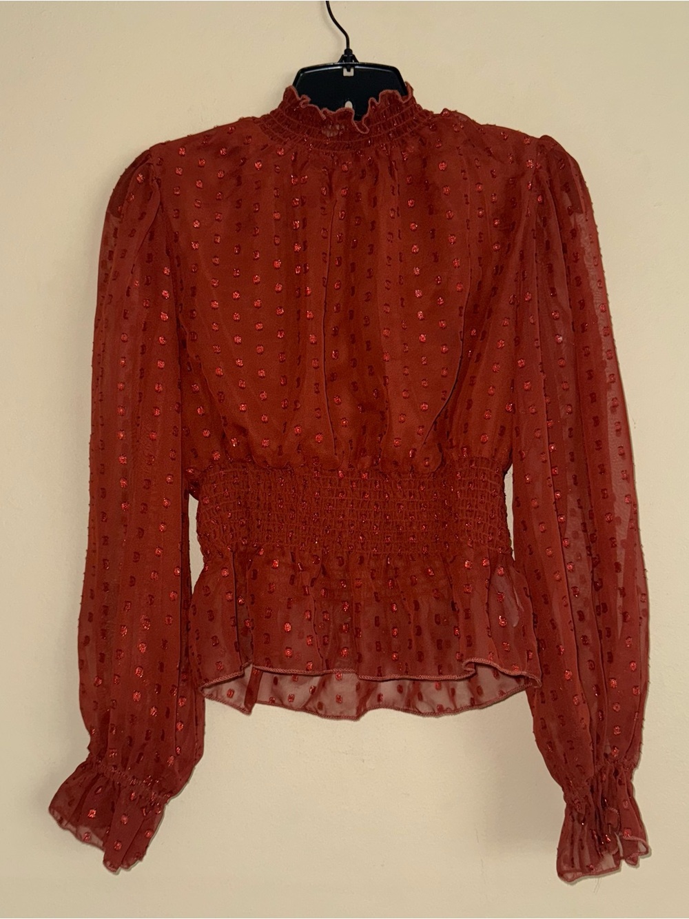 OPT Rust Orange Metallic Clip Dot Smocked Waist Sheer Sleeves Blouse Top S NWT!